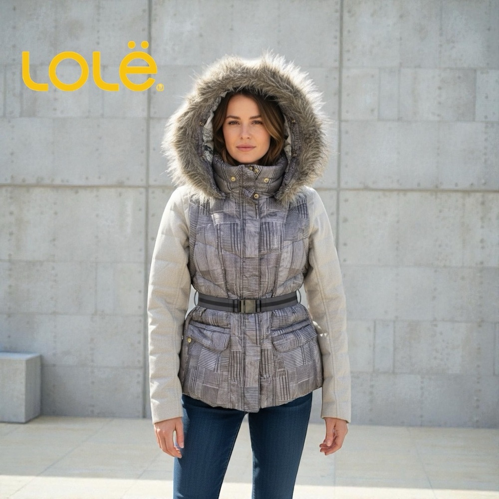 Lole Women's Gray Plaid Ski Jacket with Fur Hood